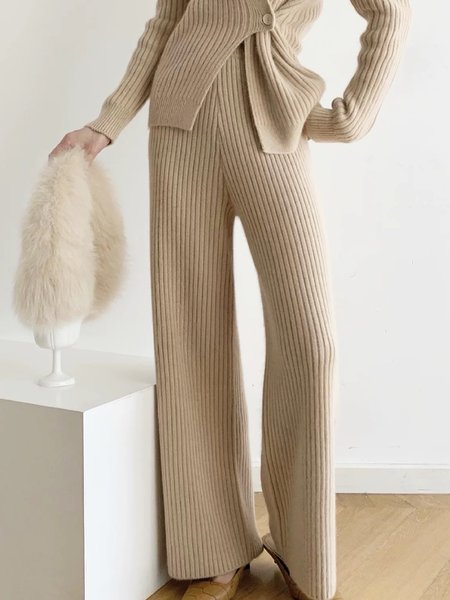 High Waist Casual Plain Sweater Pants, Apricot, Knit Pants