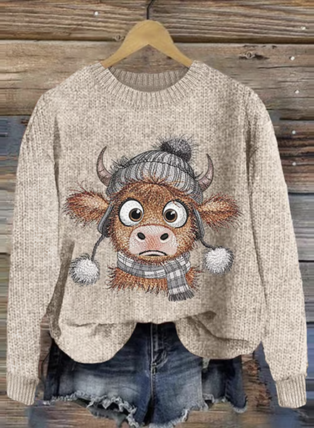 Cute calf round neck sweater, Khaki, Sweaters