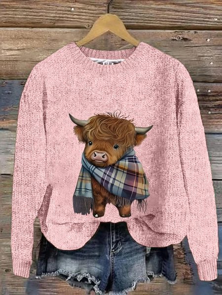 

Women's West Highland Cow Print Loose Casual Knitted Sweater, Pink, Sweaters