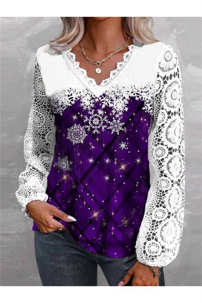 

Crew Neck Long Sleeve Christmas Lace Regular Micro-Elasticity Loose Blouse For Women, Purple, Blouses
