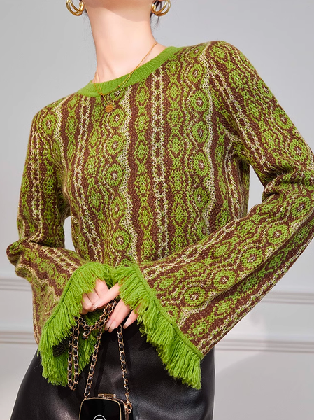Urban Crew Neck Geometric Sweater, Green, Pullovers