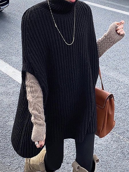 

Turtleneck Loosen Raglan Sleeve Casual Plain Sweater, Black, Pullovers