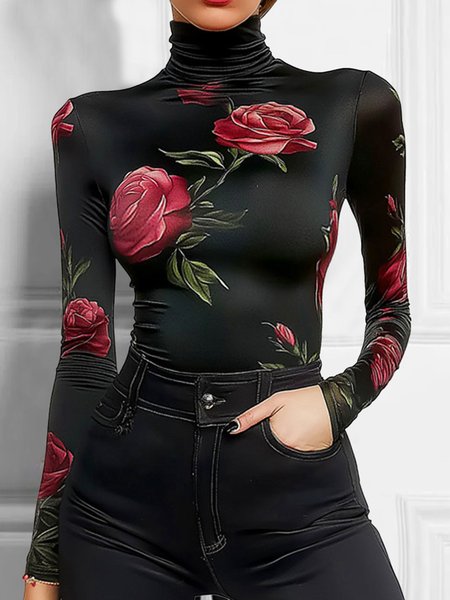 

Turtleneck Urban Regular Sleeve Floral T-Shirt, As picture, Tees