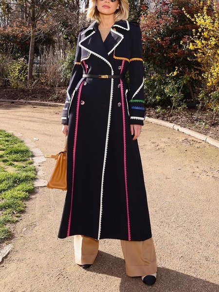 

Lapel Collar Urban Color Block Regular Sleeve Coat With No Belt, Black, Coats