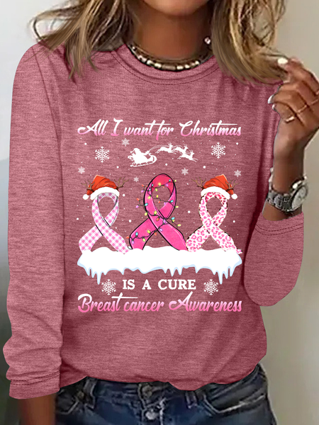 

All I Want For Christmas Is A Cure Breast Cancer Casual Long Sleeve Shirt, Watermelon, Long sleeves