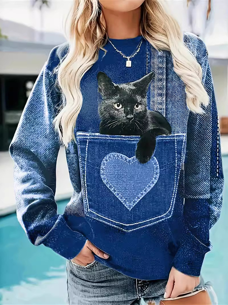 

Casual Crew Neck Cat Sweatshirt Zipper, Navyblue, Hoodies & Sweatshirts