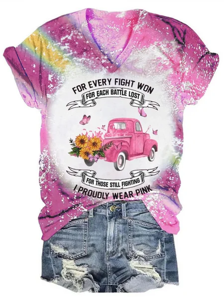 

Women's I Proudly Wear Pink Breast Cancer Print V-Neck T-Shirt, As picture, T-shirts