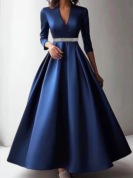 Elegant Plain Regular Fit V Neck Party Dress, Deep blue, Maxi Dresses