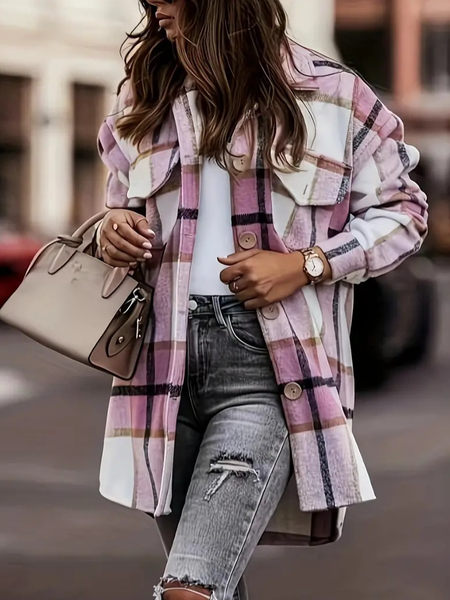 

Women's Autumn Outerwear Casual Plaid Long Sleeve Shirt Collar Jacket, Pink, Jackets