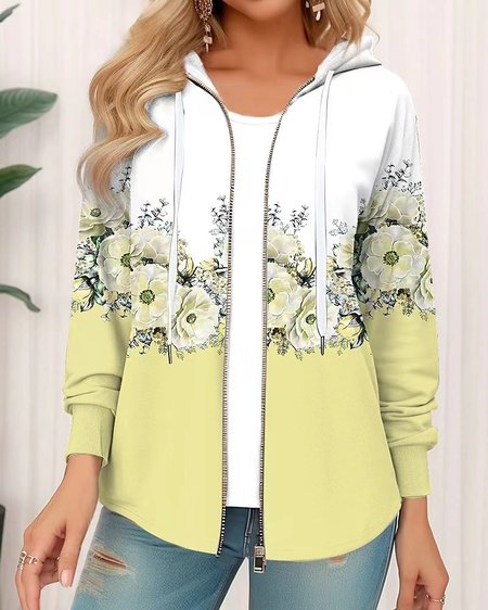 

Women's Floral Thicken Loose Jacket, Yellow, Outerwear