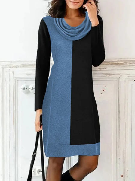 

Women Color Block Turtleneck Long Sleeve Comfy Casual Mini Dress, Blue, Dresses