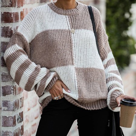 

Women Yarn/Wool Yarn Plaid Long Sleeve Comfy Casual Sweater, Khaki, Sweaters