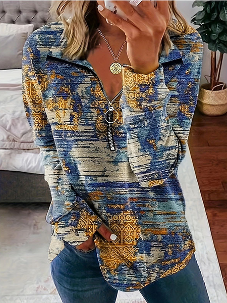 Casual V Neck Ethnic Sweatshirt Zipper, Blue, Hoodies & Sweatshirts