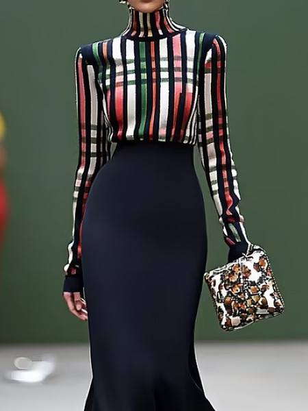 

Urban Geometric Regular Sleeve Turtleneck Sweater, As picture, Pullovers