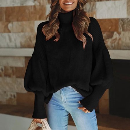 

Women's Spring/Fall Plain Casual Long Sleeve Turtleneck Yarn/Wool Yarn Sweater, Black, Sweaters
