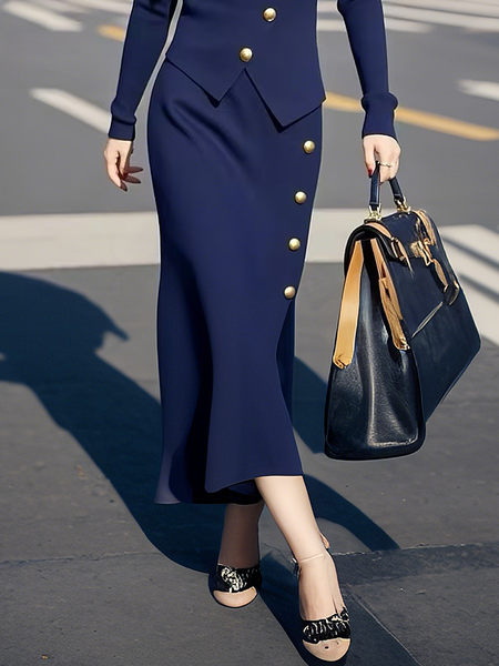 

Regular Fit High Elasticity Plain Elegant Midi Sweater Skirt, Navyblue, Skirts