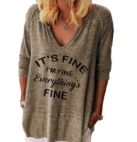

Casual Text Letters V Neck Long Sleeve T-shirt, Khaki, T-shirts