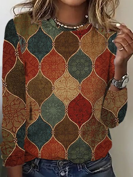 

Casual Geometric Crew Neck Long Sleeve T-shirt, Multicolor, T-shirts