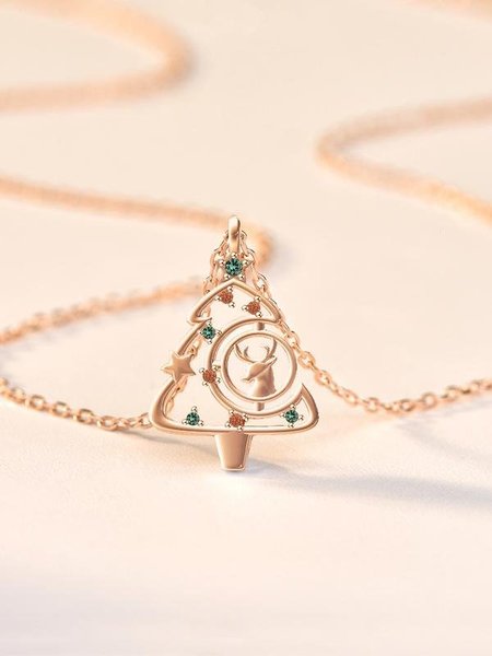 Christmas S925 Silver Zirconia Pendant Necklaces, Rose gold, Necklaces