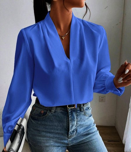 

V Neck Regular Fit Plain Casual Shirt, Blue, Blouses & Shirts