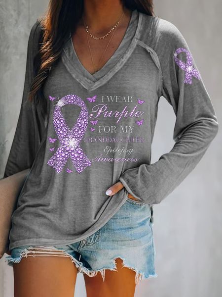 

Women's Epilepsy Awareness I Wear Purple For My Granddaughter Purple Ribbon And Butterflies Print T-Shirt, Gray, Long sleeves