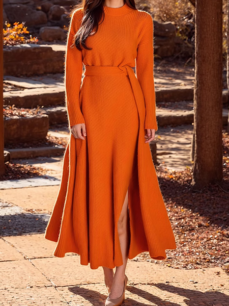 

High Elasticity Plain Regular Fit Elegant Crew Neck Regular Sleeve Sweater Maxi Dress With Belt, Orange, Maxi Dresses