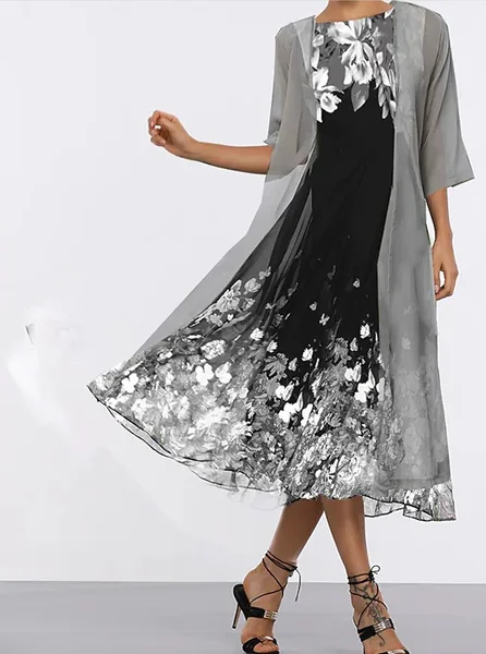 

Women 3D Printing Two-Piece Set Daily Half Sleeve Casual Summer Coat With Skirt Matching Set, Gray, Dresses