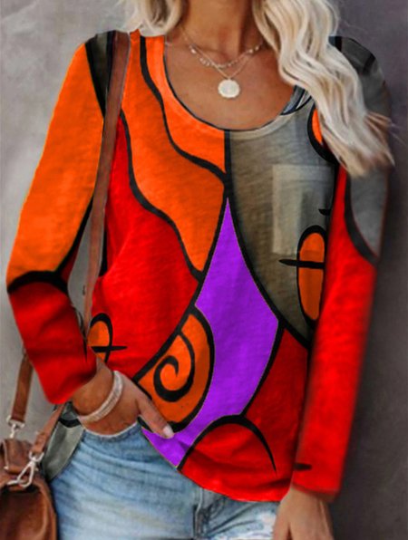 Casual Abstract Crew Neck Long Sleeve T-shirt, Orange, T-shirts