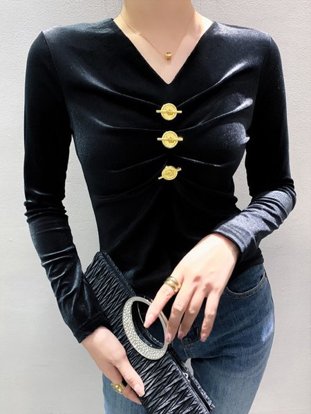 

V Neck Urban Velvet Buttoned Long Sleeve T-Shirt, Black, Tees