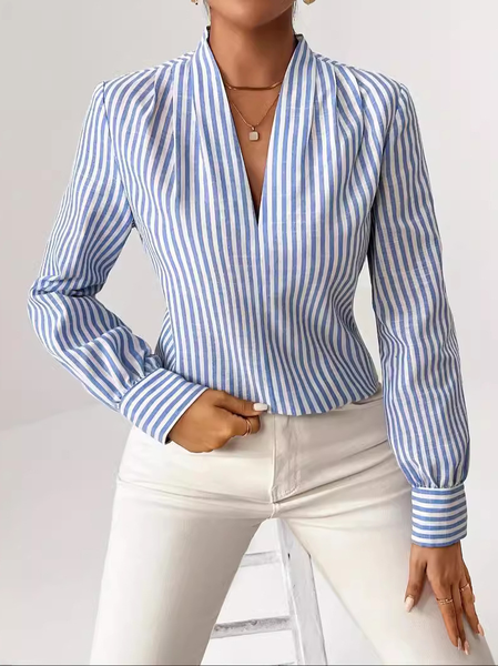 

Loose Striped Casual Blouse, Blue, Long/Full Length Sleeve