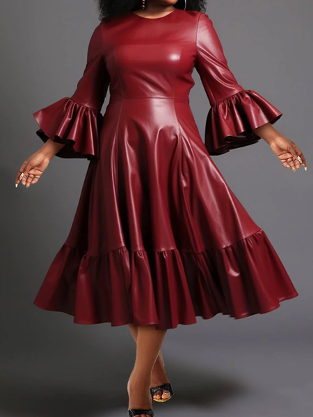 

Regular Fit Elegant Crew Neck Three Quarter Sleeve Ruffle Sleeve Faux Leather Midi Dress, Red, Midi Dresses