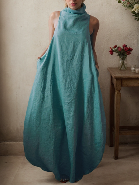 

Linen Cotton And Linen Plain Crew Neck Dress With No, Blue, Maxi Dresses