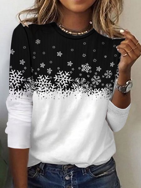 

Casual Snowflake Crew Neck Long Sleeve T-shirt, Black, Blouses