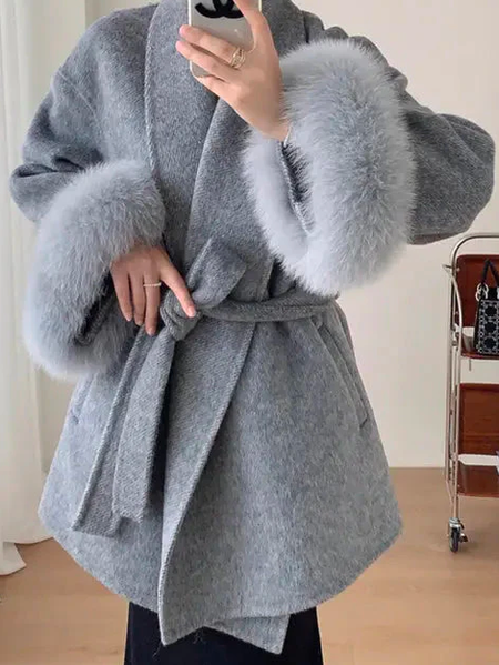 

Urban Plain Regular Sleeve Shawl Collar Coat With Belt, Gray, Coats