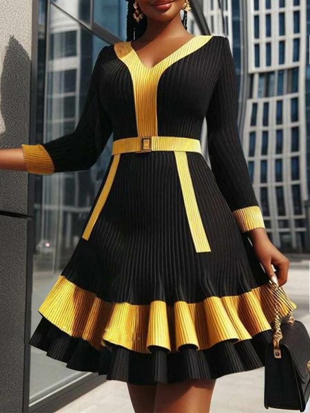

V Neck Elegant Regular Sleeve Sweater Dress, Black, Midi Dresses