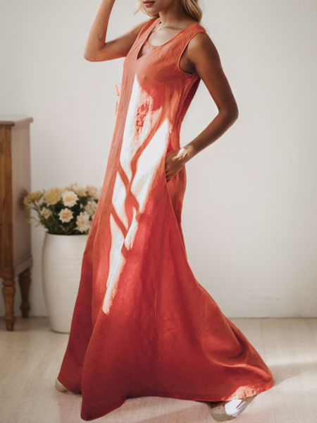 Loose Linen Dress, Deep pink, Maxi Dresses
