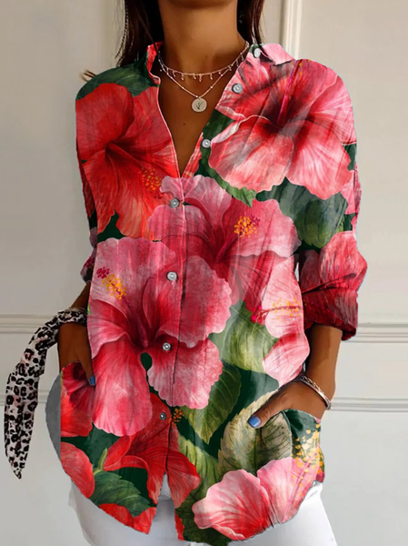 

Casual Floral Loose Shirt Collar Shirt, Fuchsia, Blouses & Shirts