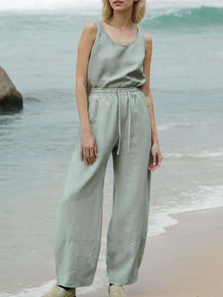 Loose Linen Plain Cotton And Linen Pants, Mint, Pants