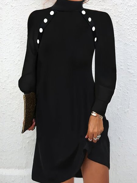 Jersey Turtleneck Casual Loose Dress With No, Black, Midi Dresses