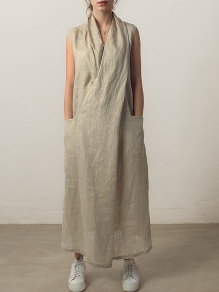 

Cross Neck Linen Cotton And Linen Dress With No, Oatmeal, Maxi Dresses