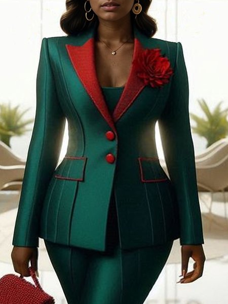 

Regular Sleeve Color Block Elegant Blazer With Floral Brooch, Green, Blazers