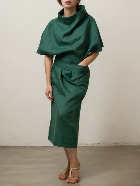

Linen Cotton And Linen Regular Fit Mock Neck Dress With No, Green, Maxi Dresses
