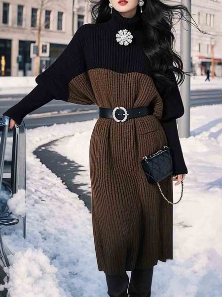 

Elegant Crew Neck Raglan Sleeves Color Block Sweater Dress With Brooch, As picture, Midi Dresses