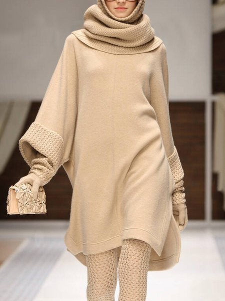 

Long Sleeve Plain Loosen Casual Dress, Khaki, Mini Dresses