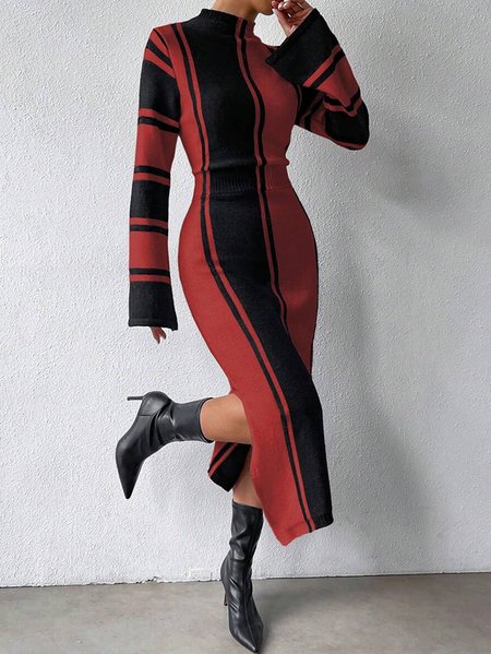 Elegant Regular Sleeve Color Block Sweater Dress, Black-red, Midi Dresses