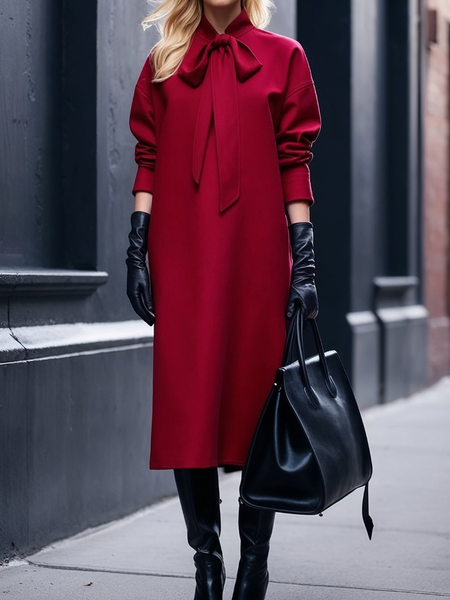 

Regular Sleeve Loose Three Quarter Sleeve Plain Urban Midi Dress, Red, Midi Dresses