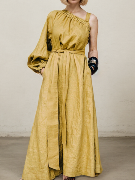 

Linen Cotton And Linen Dress With No, Yellow, Maxi Dresses