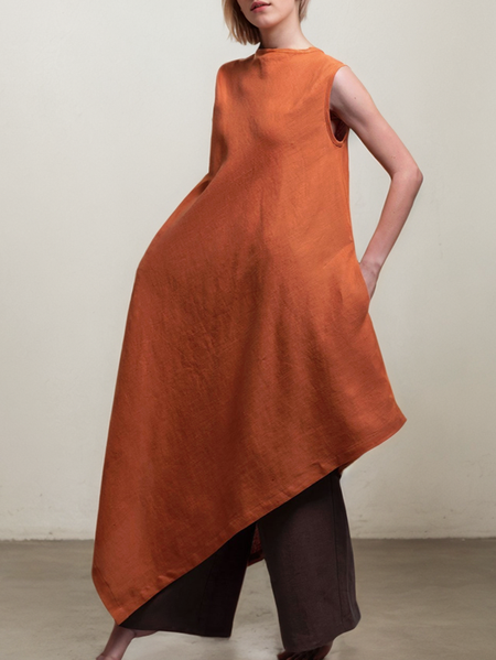 

Crew Neck Plain Loose Linen Dress With No, Light orange, Maxi Dresses