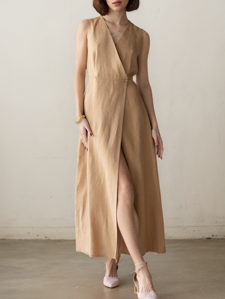 

Linen Plain Dress With No, Khaki, Maxi Dresses