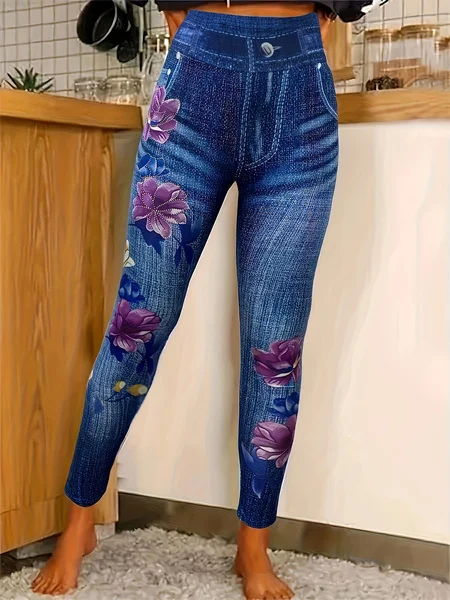 Women's Casual Floral Winter Long Leggings, Blue, Leggings